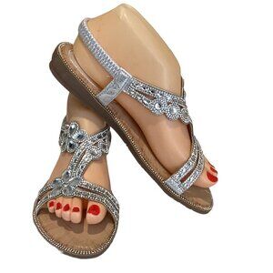 Dressy BOHO Rhinestone Flower Silver Flat Comfort Sandal Sz 38 US 7.5 #292G